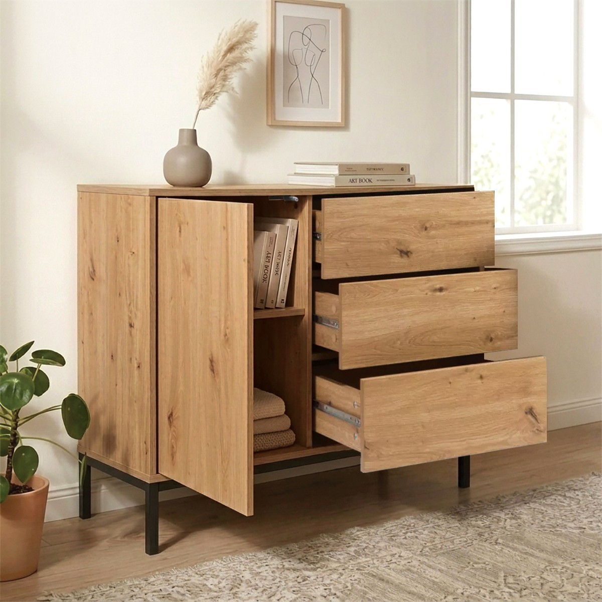 Commode 1 Porte 3 Tiroirs Décor Chêne L90 x H80 cm - LENNY chêne, CALICOSY