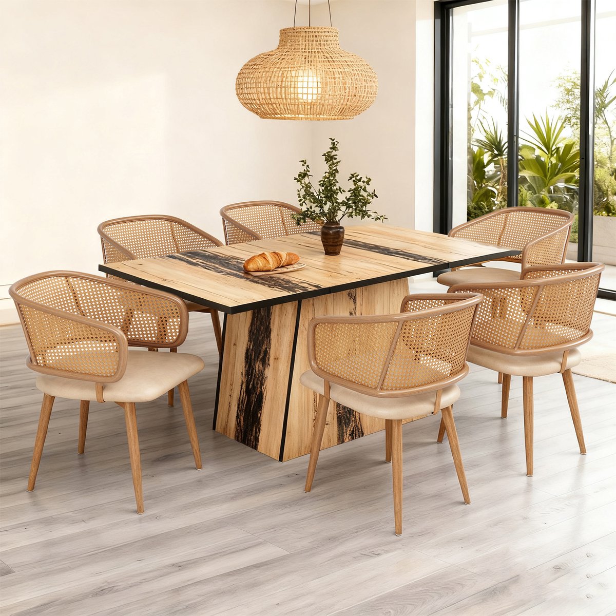 Lot de 6 chaises de salle à manger en velours avec dossier en rotin style moderne et confortable, DEWR beige, MEUBLES COSY