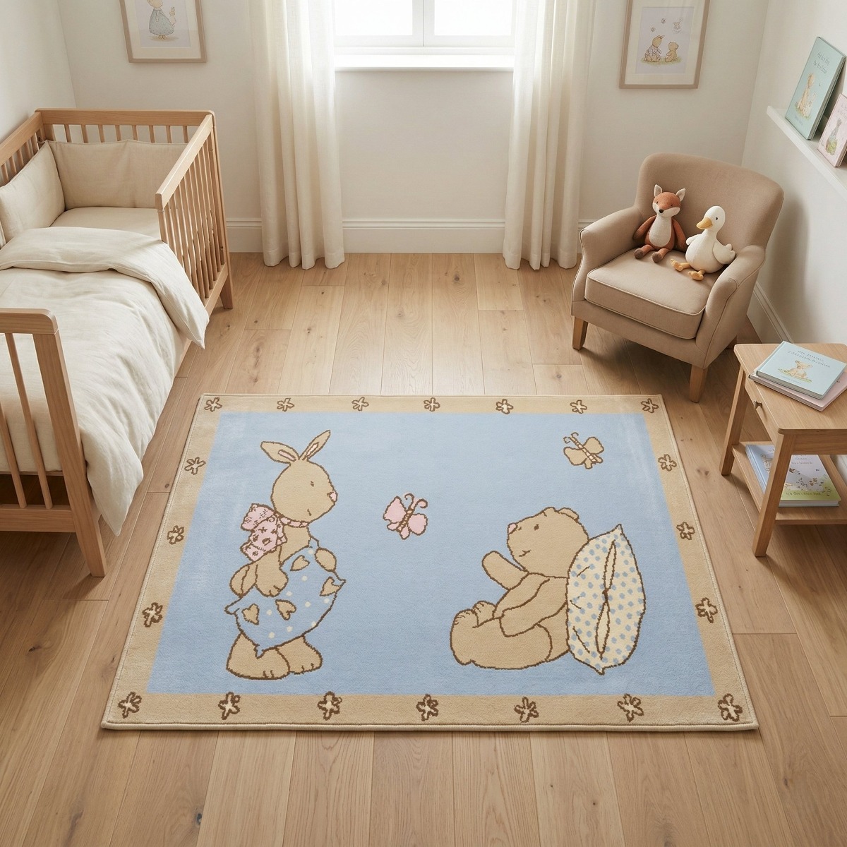 Tapis enfant petit ourson et lapin et 60x100OURSON bleu, THE DECO FACTORY