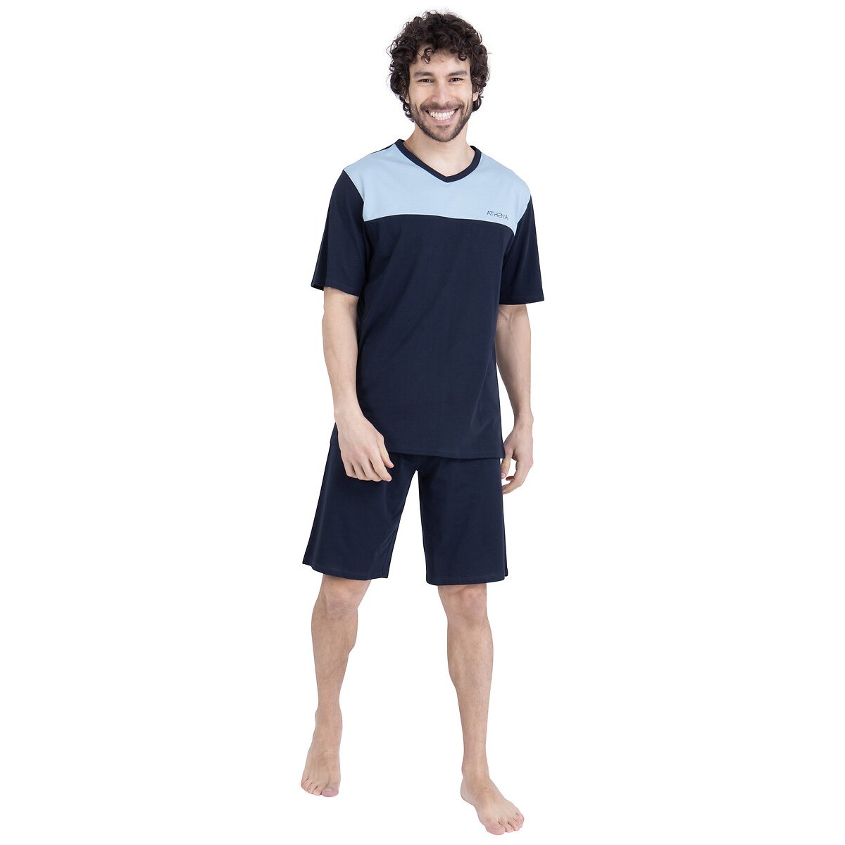 Pyjama court en coton, col V bleu/bleu marine, ATHENA