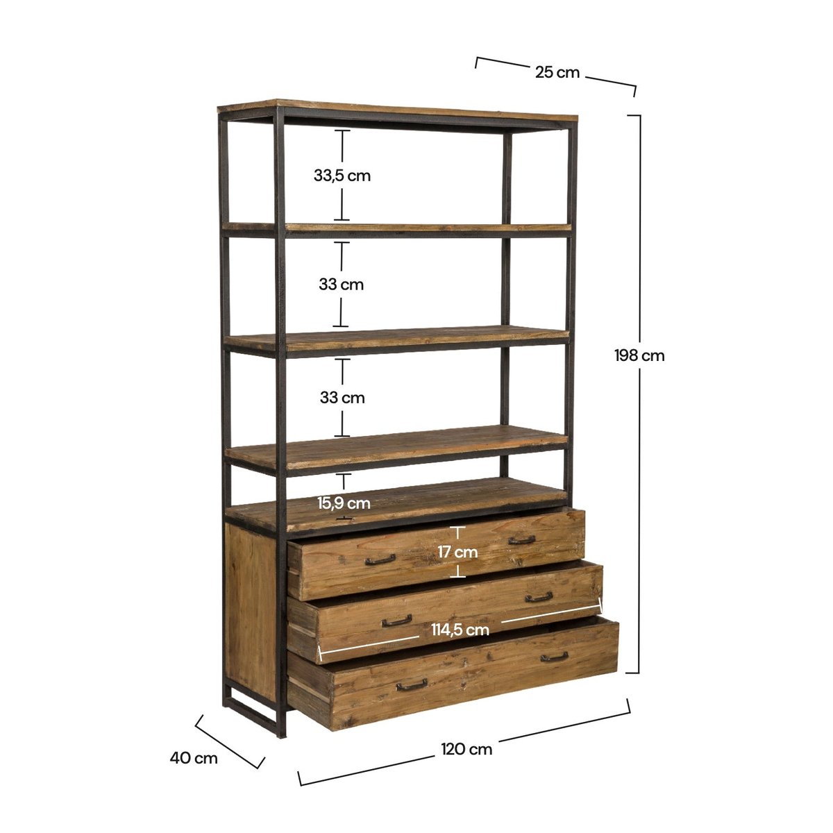 Bibliothèque en bois de cèdre recyclé et métal, 3 tiroirs et 4 étagères - PANAME bois foncé, MAISON PAVANE