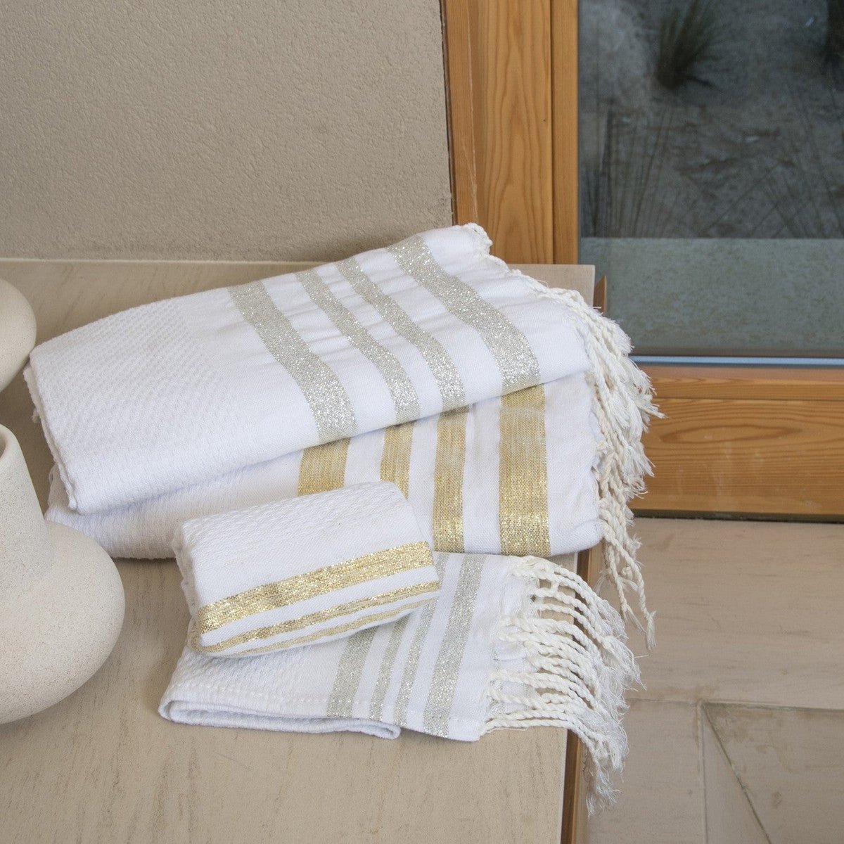 Foutas de bain (1+2) coton HAMPTONS blanc / argent, FEBRONIE