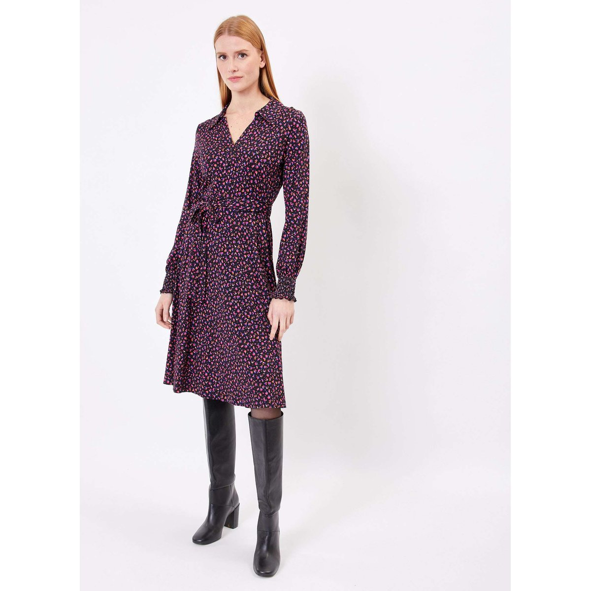 Robe chemise imprimée en maille EZO violet foncé, PRINCESSE NOMADE