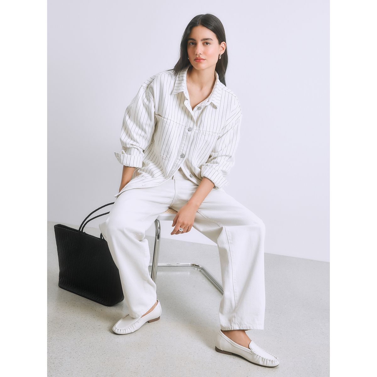 Chemise boyfriend oversize en denim blanc à rayures, NEXT