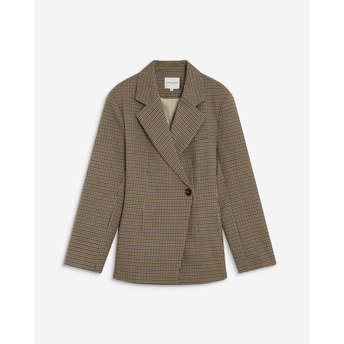 Blazer cintré croisé pied-de-poule beige Almond beige, GRACE AND MILA