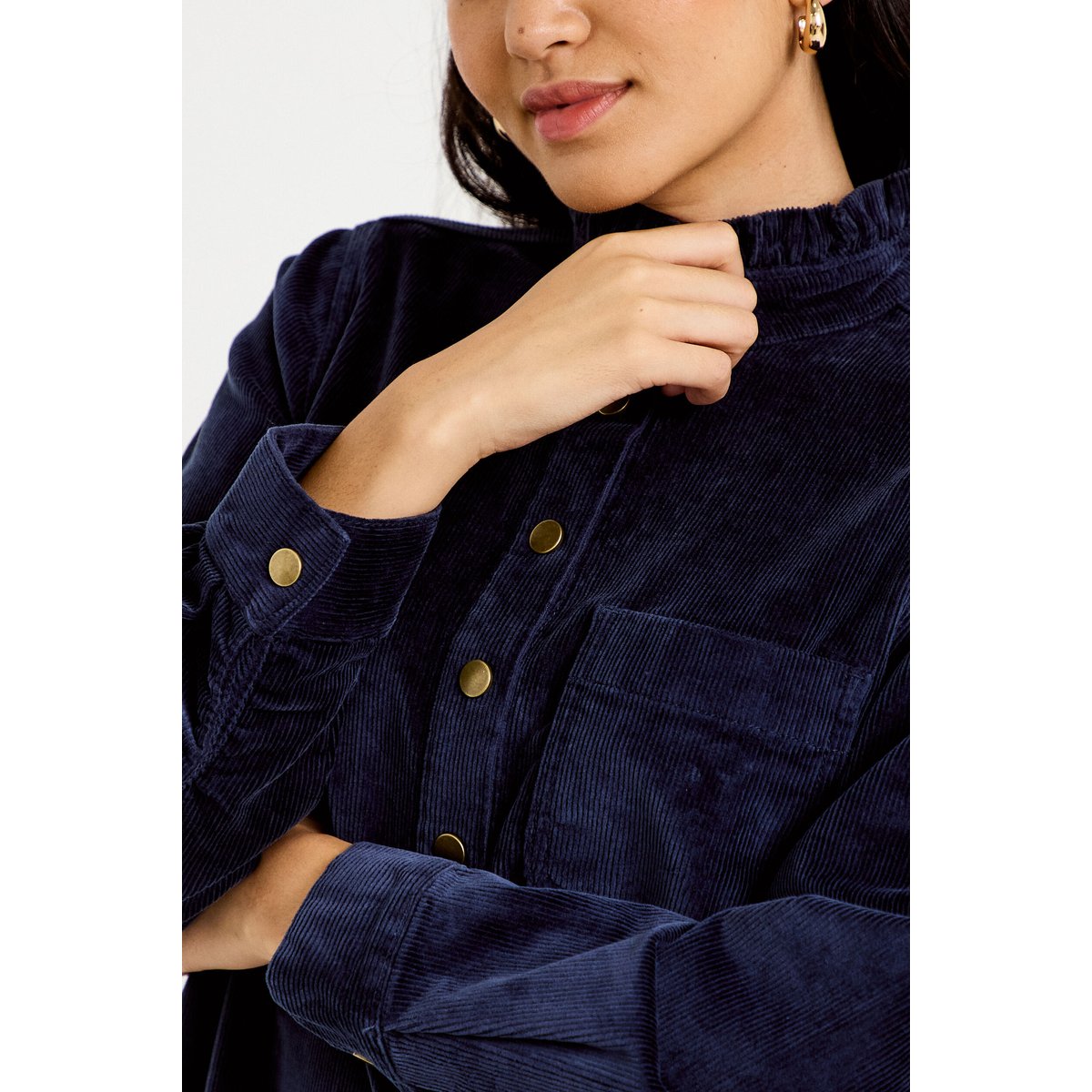 Robe évasée velours col montant bleu marine, CACHE CACHE