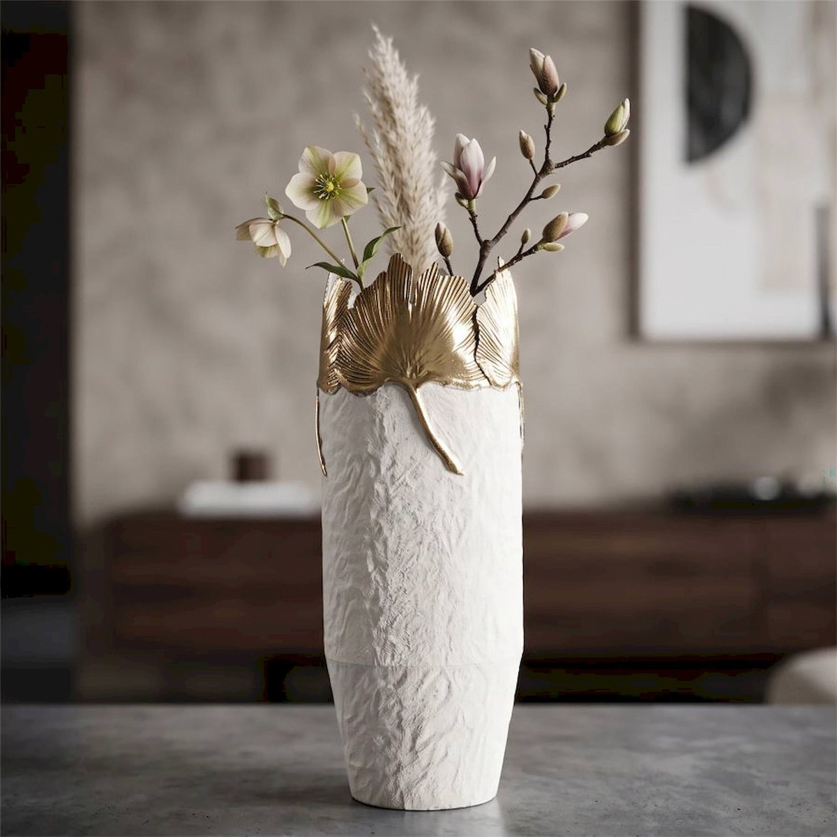 Vase en fer feuillage sculptural GLAM blanc et doré, RECOLLECTION