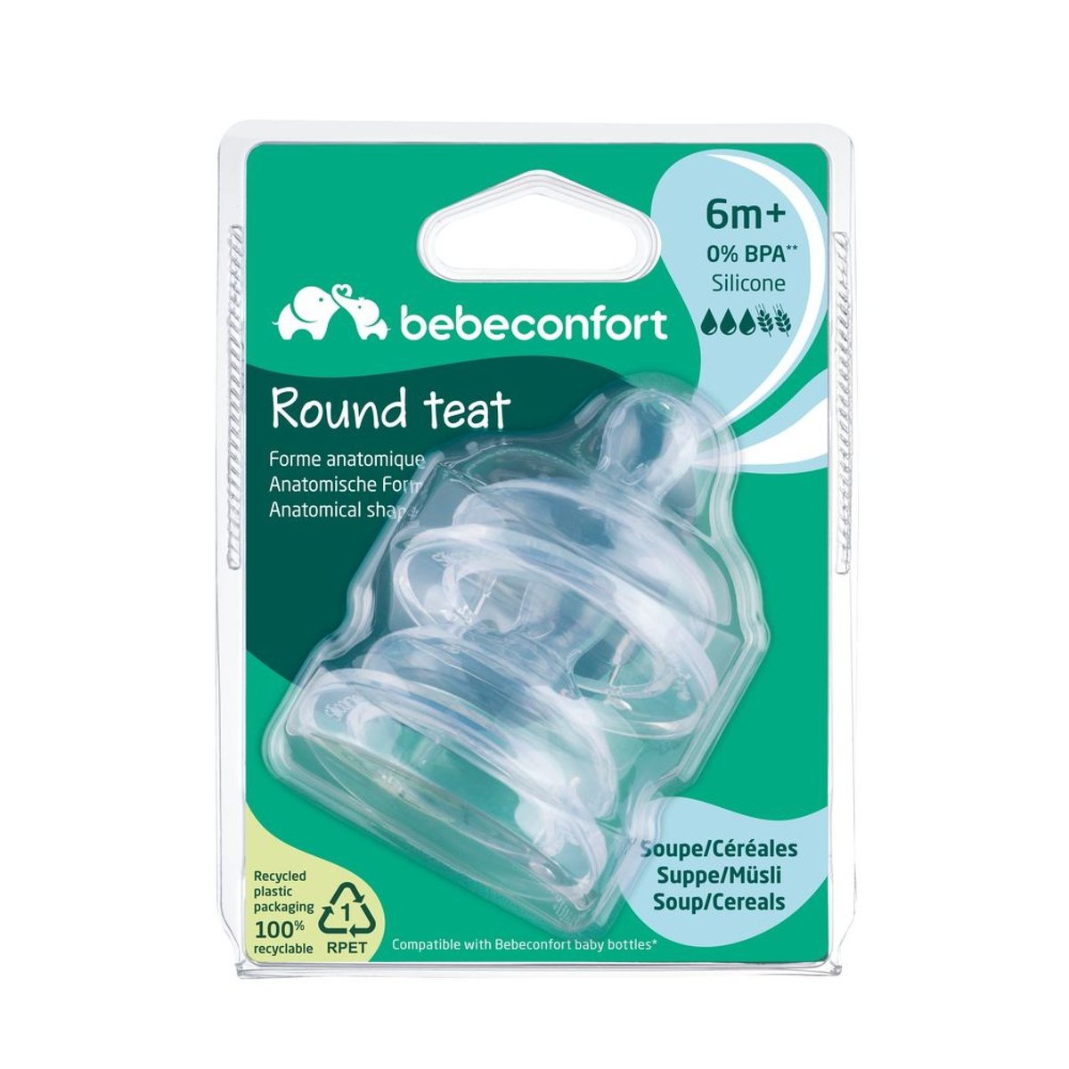 Lot de 2 tétines ronde silicone céréales  6-18 mois couleur unique, BEBECONFORT
