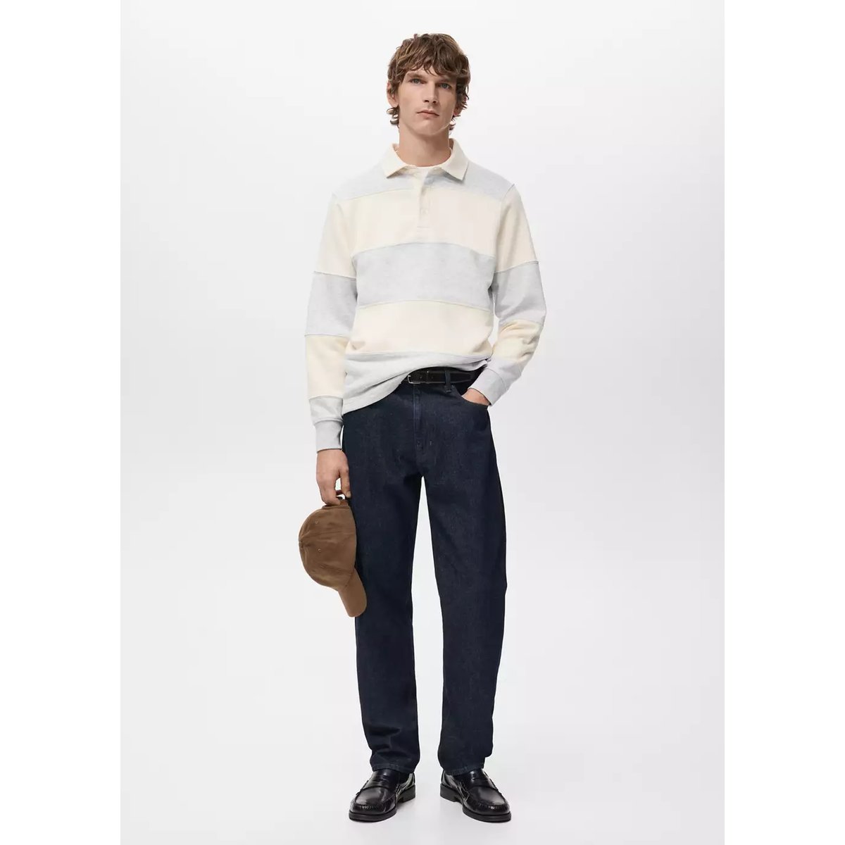 Sweat-shirt polo rayures gris chiné clair, MANGO MAN
