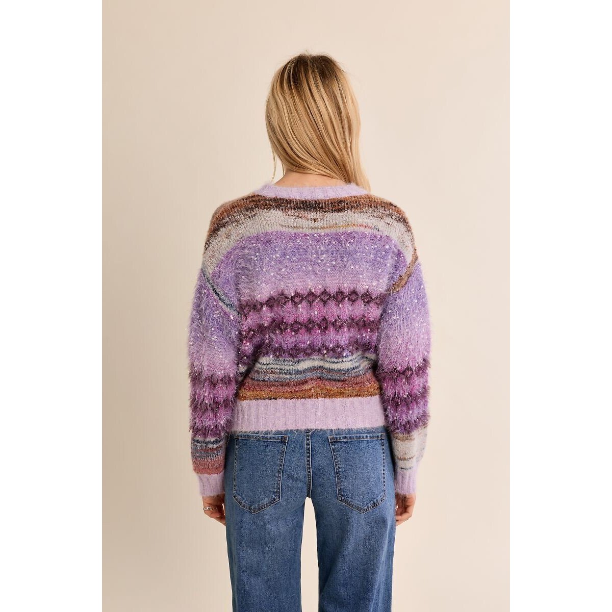Pull girocollo con stampa tie-dye e dettagli in paillettes malva, MOLLY BRACKEN