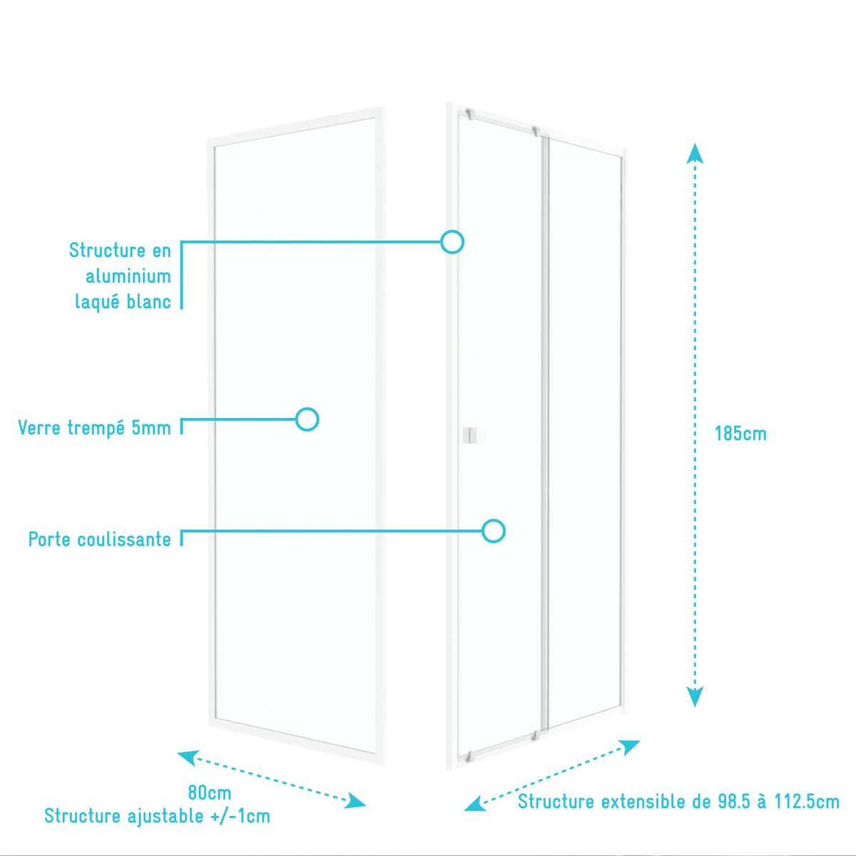 Porte de douche coulissante en verre trempé avec paroi de retour blanc, HOME MAISON