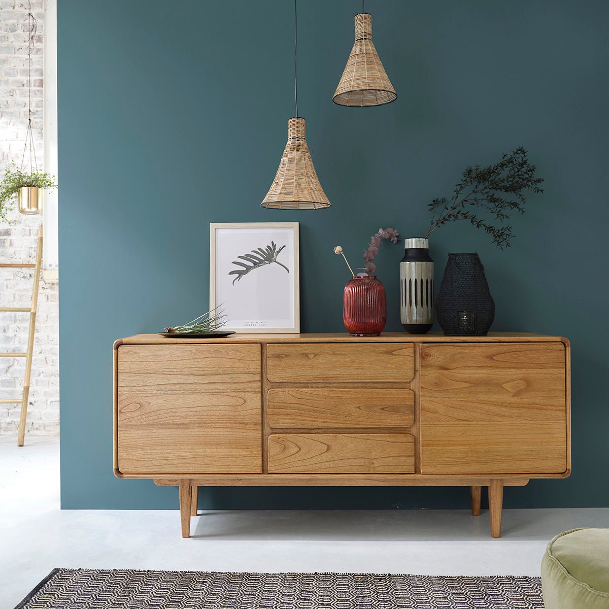 Commode en bois massif 180 cm 3 tiroirs 2 portes LISON naturel, BERAH GETAH