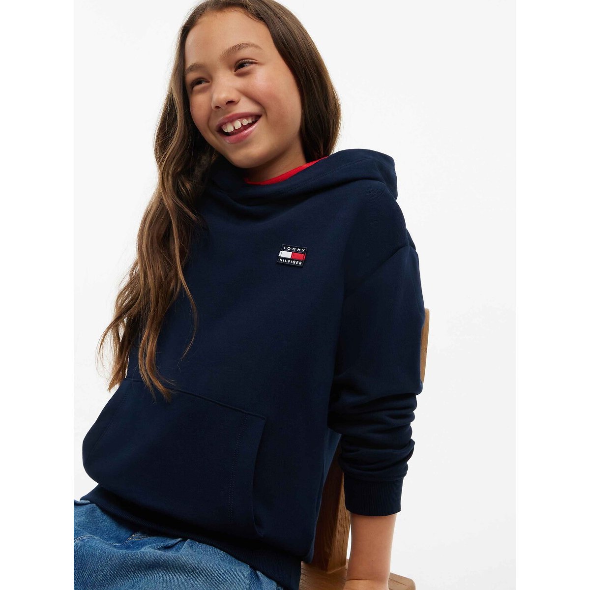 Felpa con cappuccio, logo ricamato blu marino, TOMMY HILFIGER