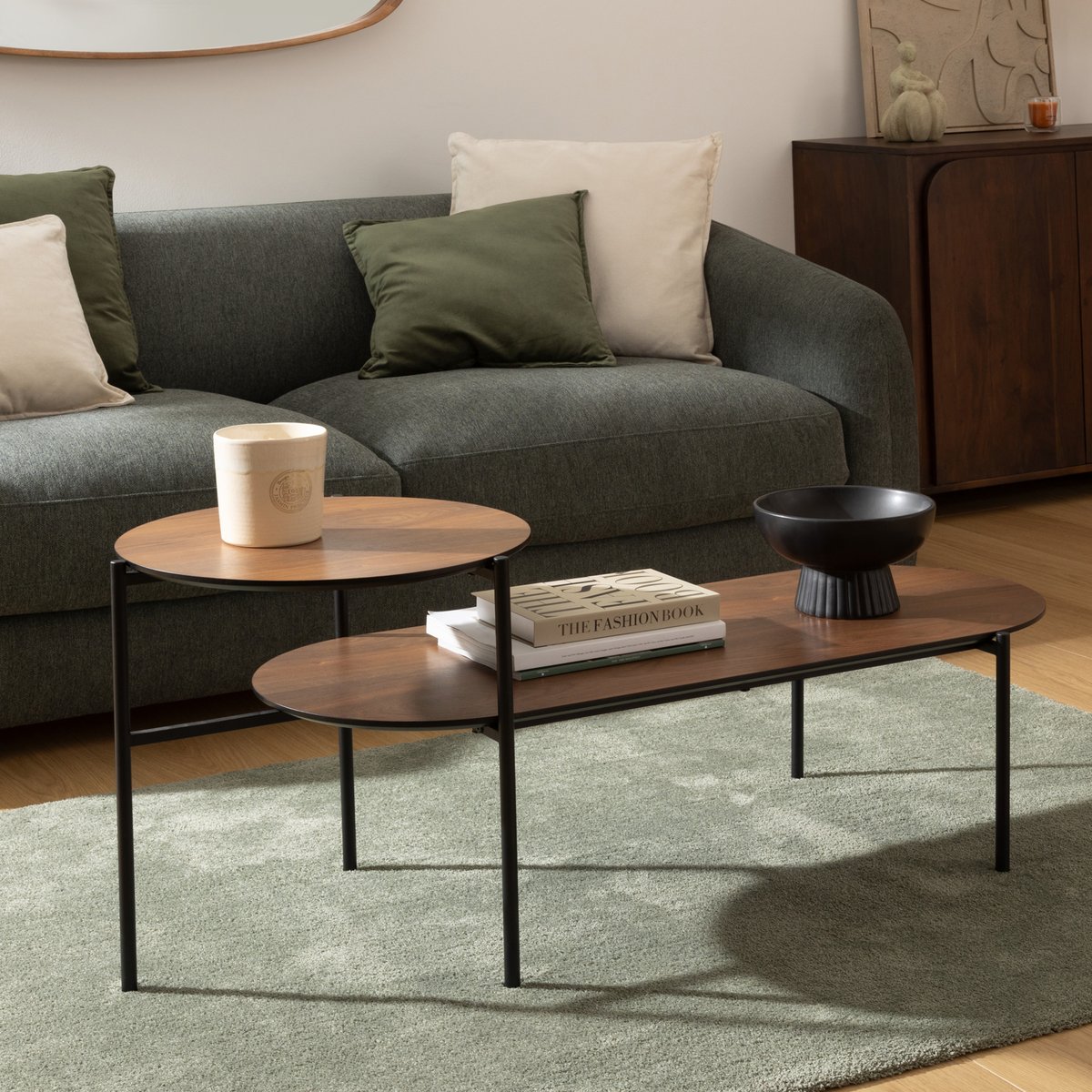Table basse 2 niveaux cylindrique en bois et métal KEMI marron, ATMOSPHERA