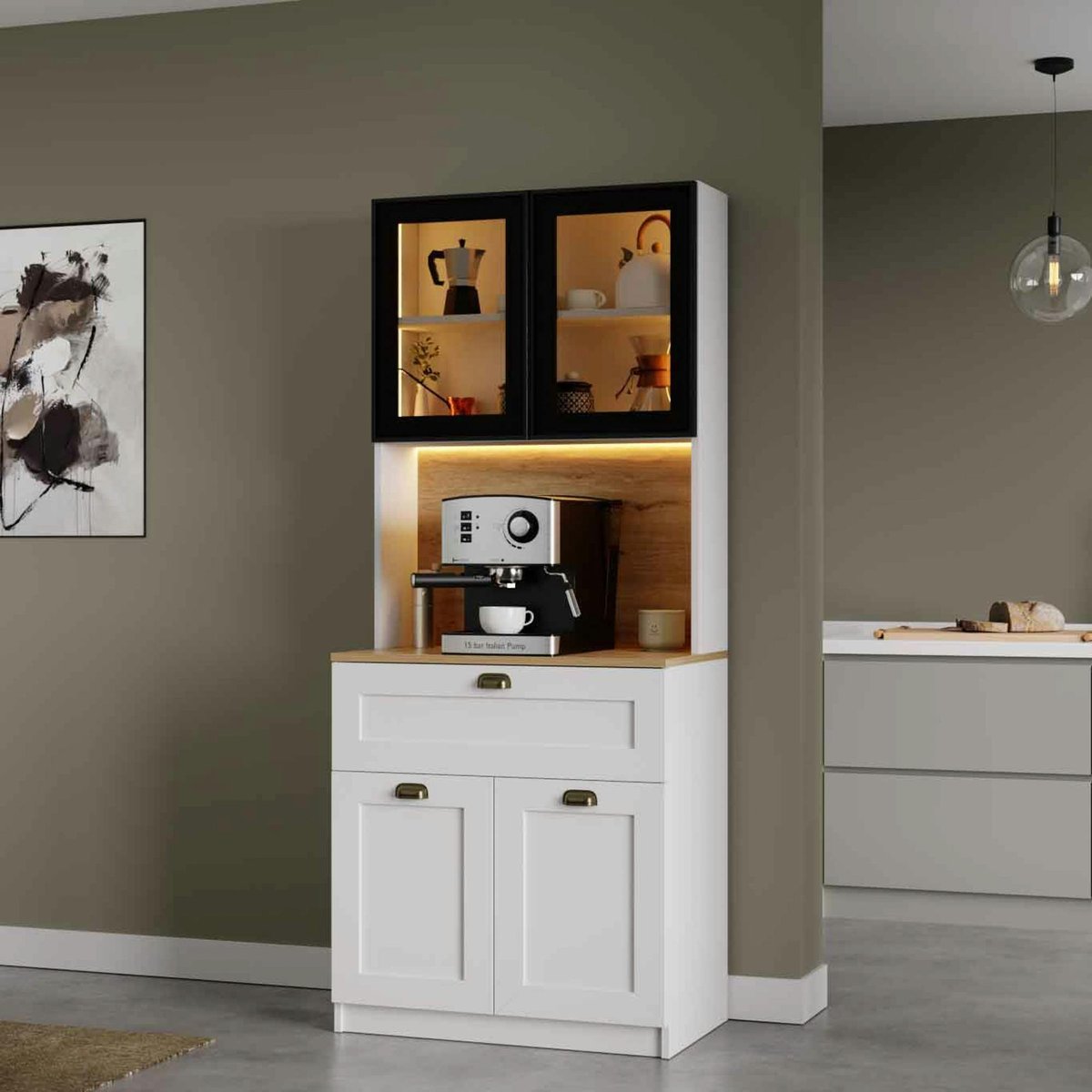 Vaisselier de cuisine à LED 4 portes décor blanc et noir AURA blanc, PIER IMPORT