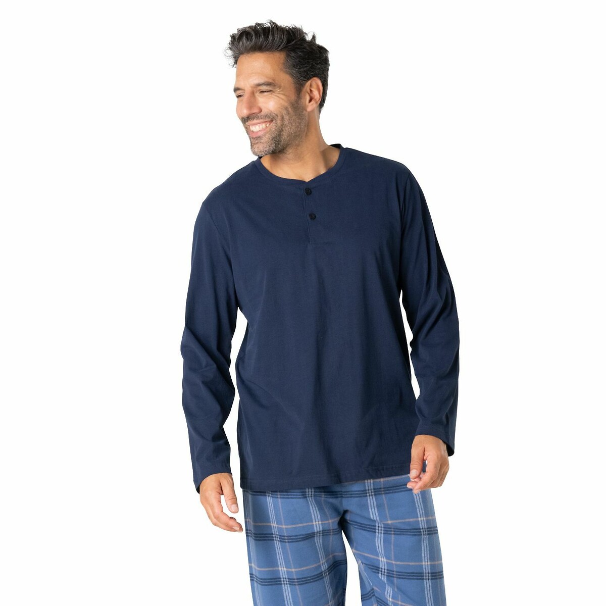 Pyjamas with Cotton Grandad Top and Flannel Bottoms navy blue/checked, EMINENCE