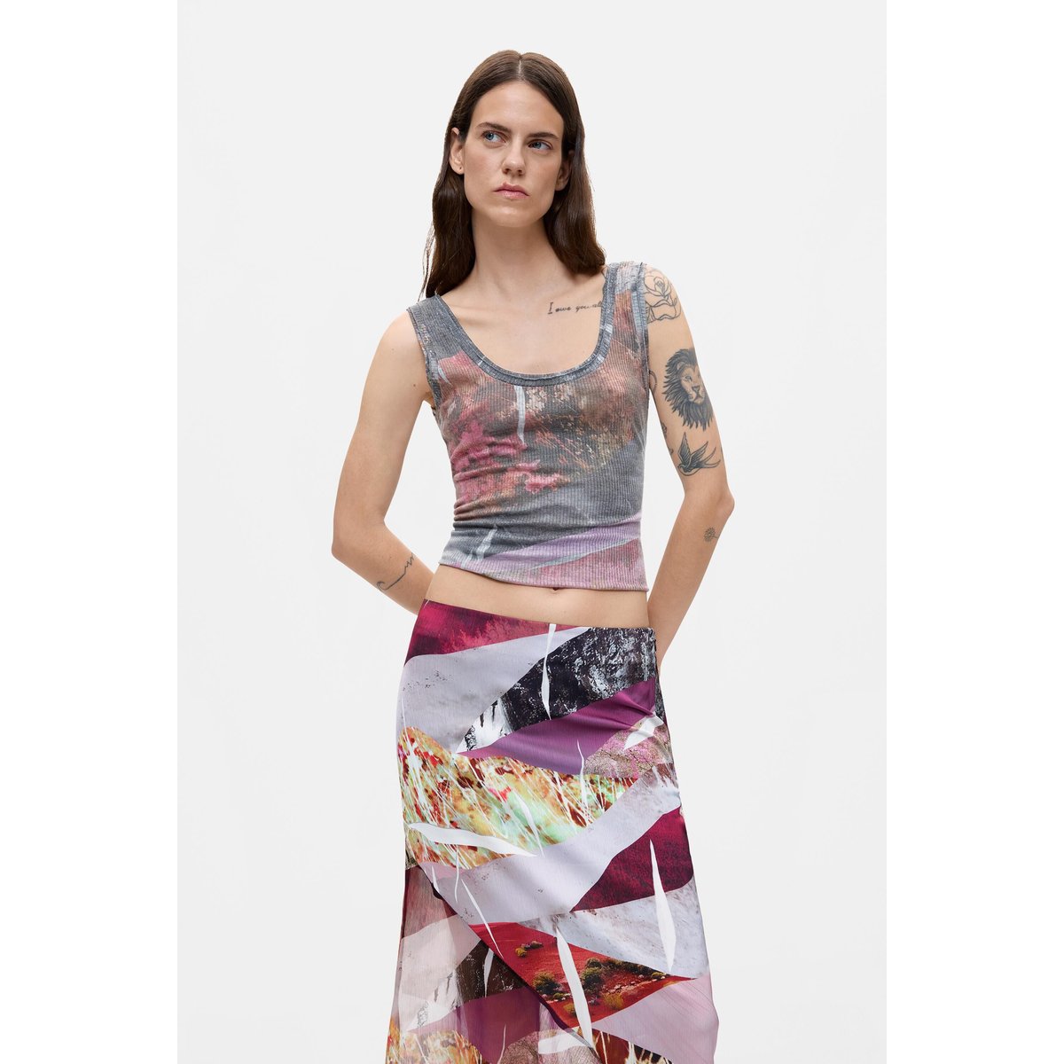 Jupe asymétrique imprimée noir, DESIGUAL