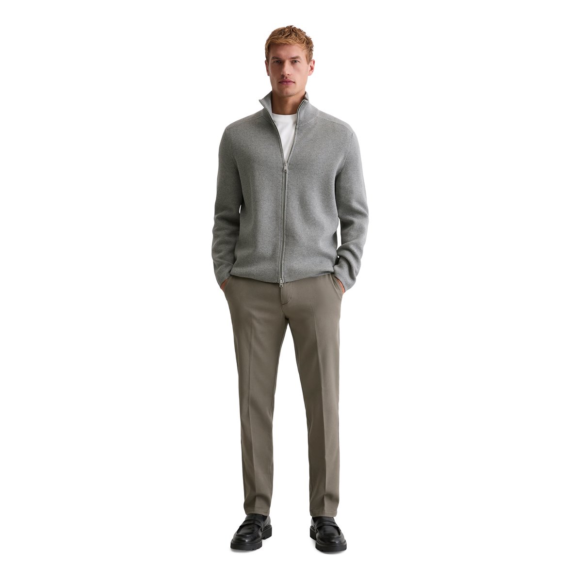Cardigan zippé regular en pur coton bio gris, MARC O'POLO