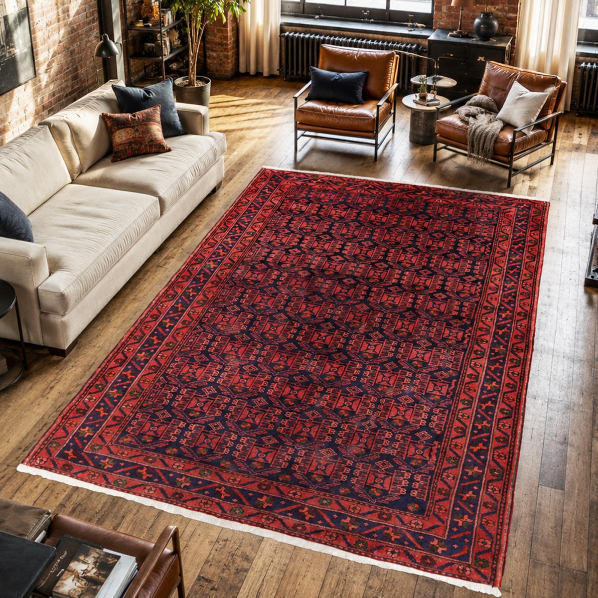 Tapis d'orient au motif oriental, noué main en laine, HAMADAN 37 rouge, bleu, noir, UN AMOUR DE TAPIS