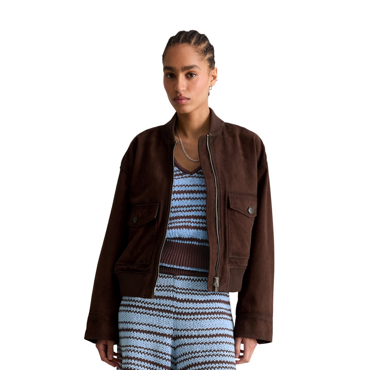 Blouson en cuir regular en cuir de chèvre velours doux marron foncé, MARC O’POLO DENIM