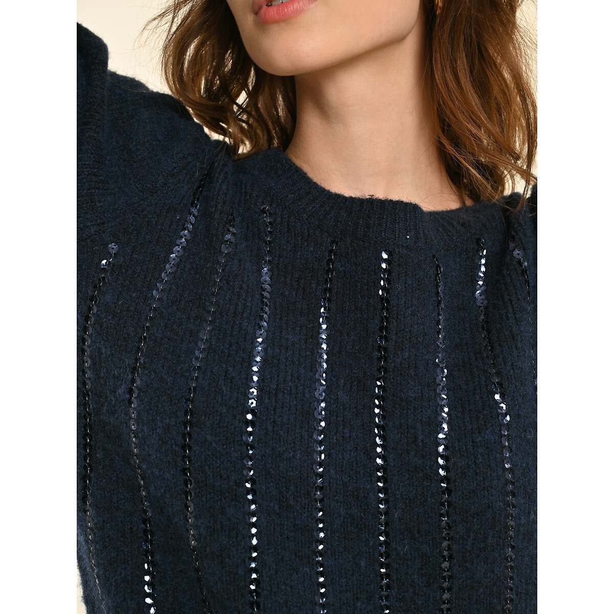 Sequin Puff Sleeve Jumper navy blue, MOLLY BRACKEN