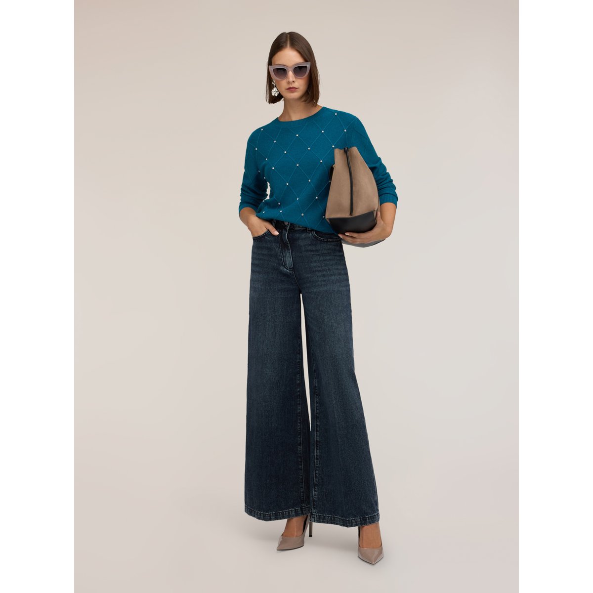Pull en tricot à motif losanges avec pierres crystal petrol blue, MOTIVI