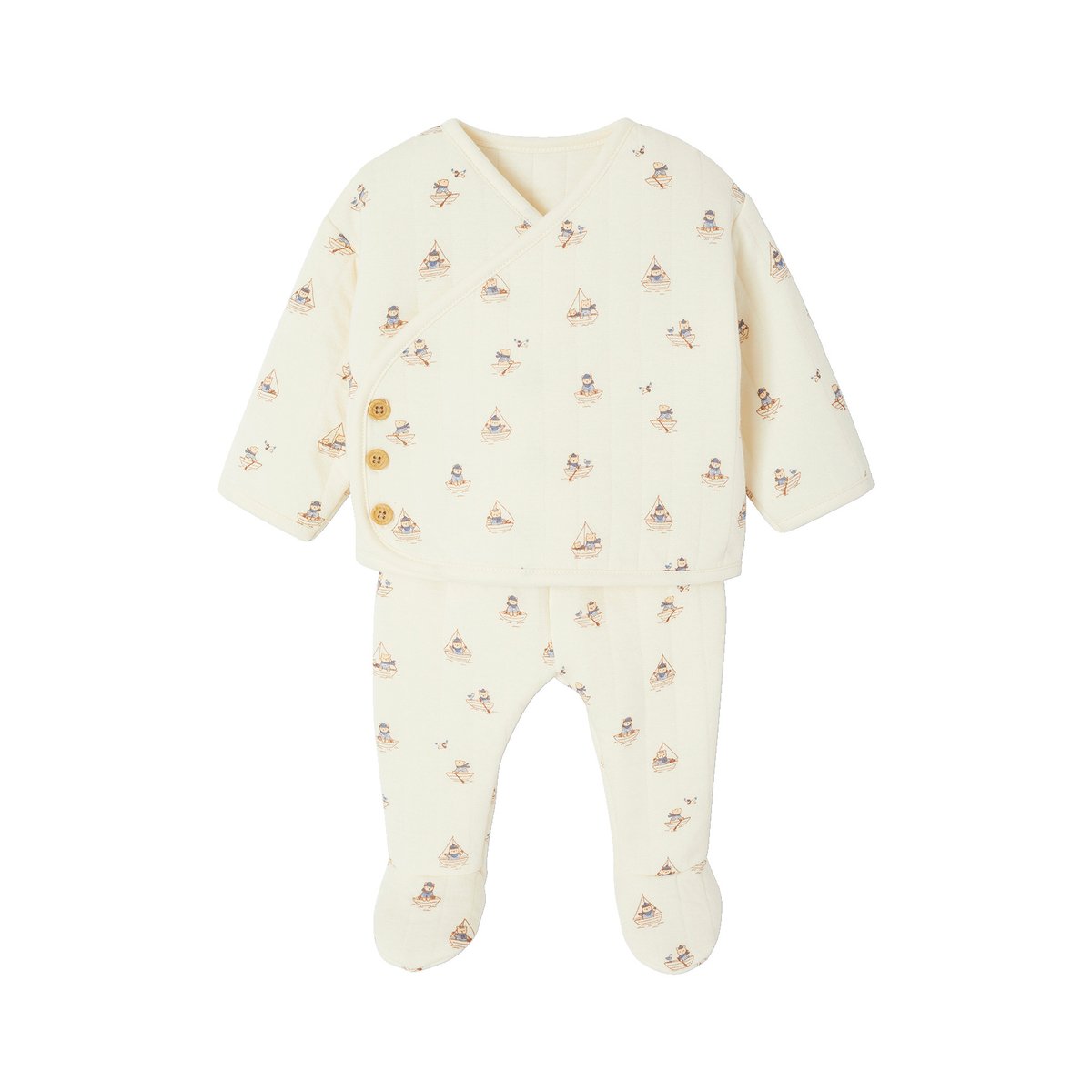 Ensemble matelassé gilet + pantalon à pieds entièrement imprimé écru, VERTBAUDET