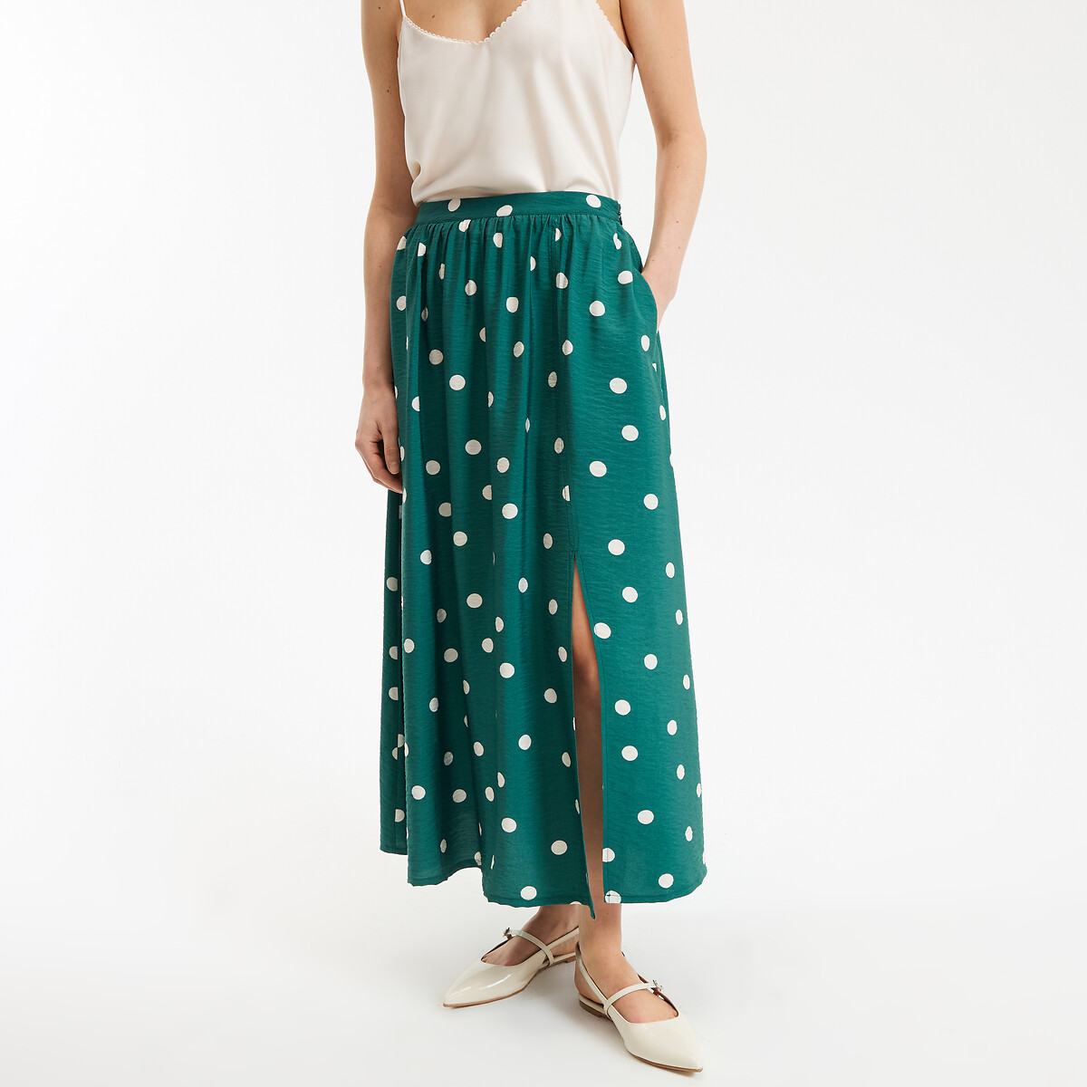 Jupe longue fluide imprimé pois imprimé pois fond vert, LA REDOUTE COLLECTIONS