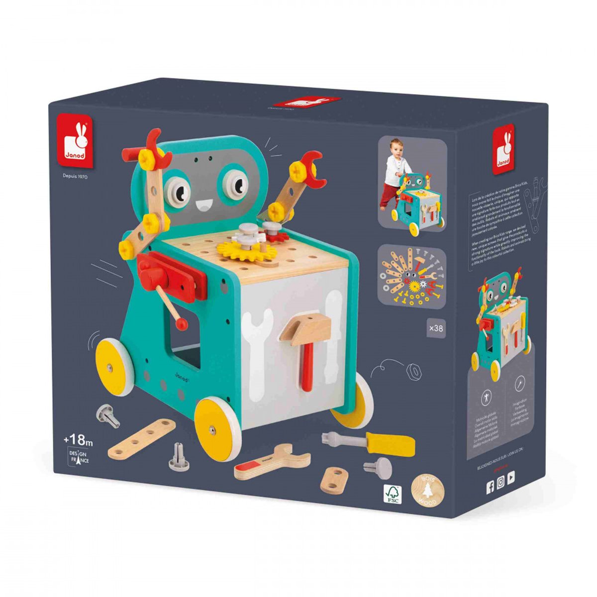 Chariot En Bois Robot multicolore, JANOD