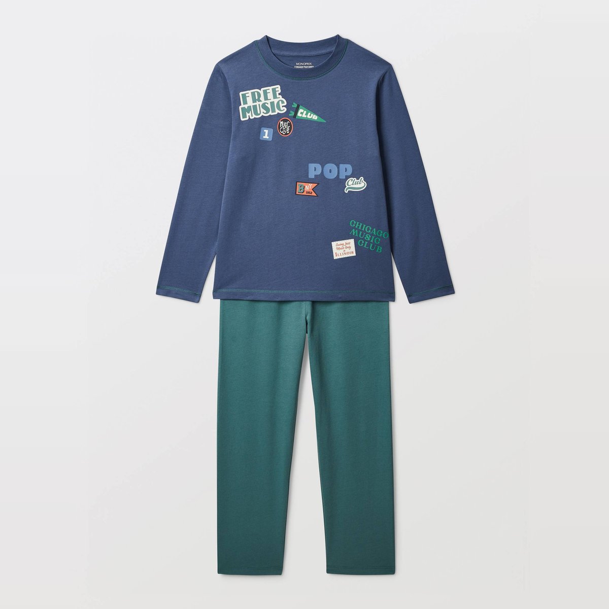 Pyjama manches longues imprimé en coton bio GOTS sage, MONOPRIX