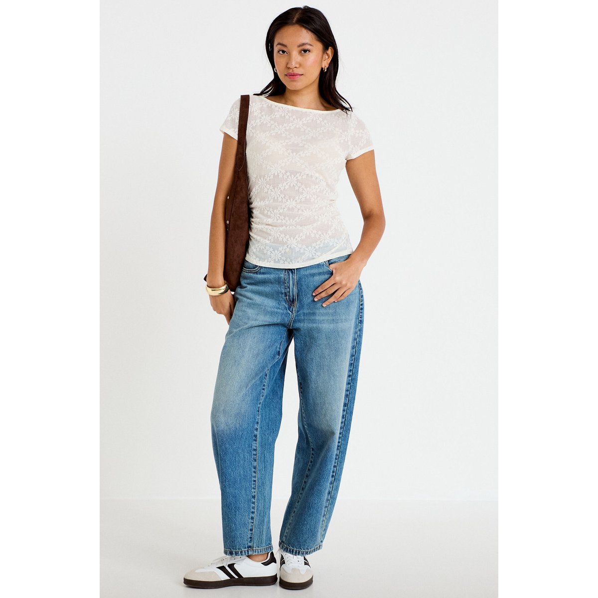 T-shirt ajusté dentelle col bateau ecru, CACHE CACHE