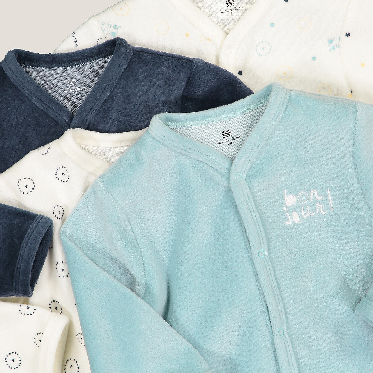 Lot de 4 pyjamas 1 pièce en velours ecru + gris + bleu, LA REDOUTE COLLECTIONS