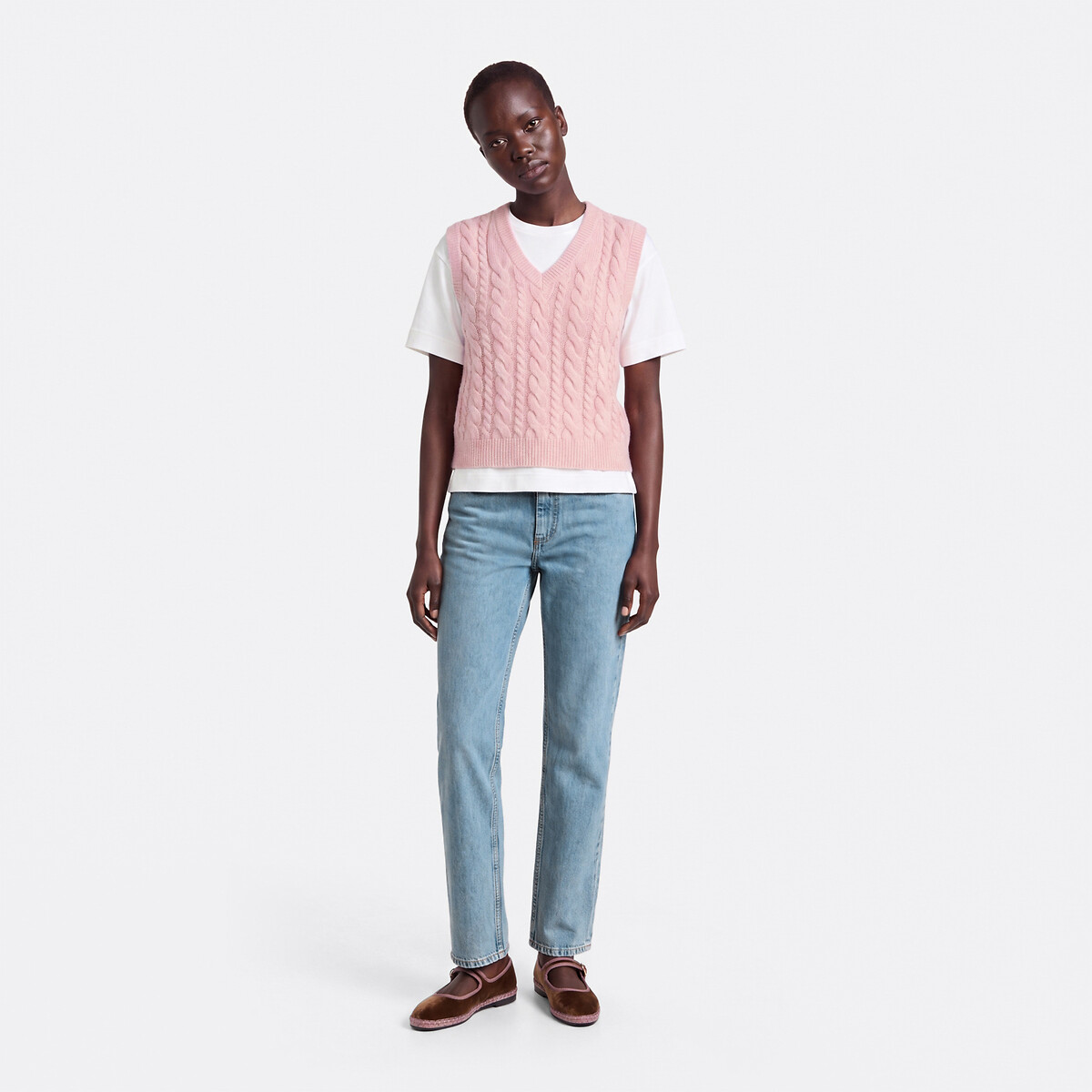 Pull sans manches col V torsadé en alpaga mélangé rose clair, LA REDOUTE COLLECTIONS