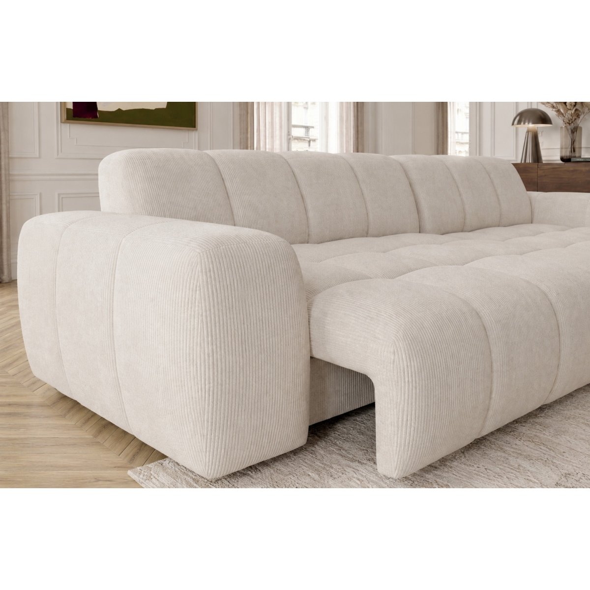 Canapé d'angle convertible 3 places en tissu chenille, THEO beige, BOBOCHIC