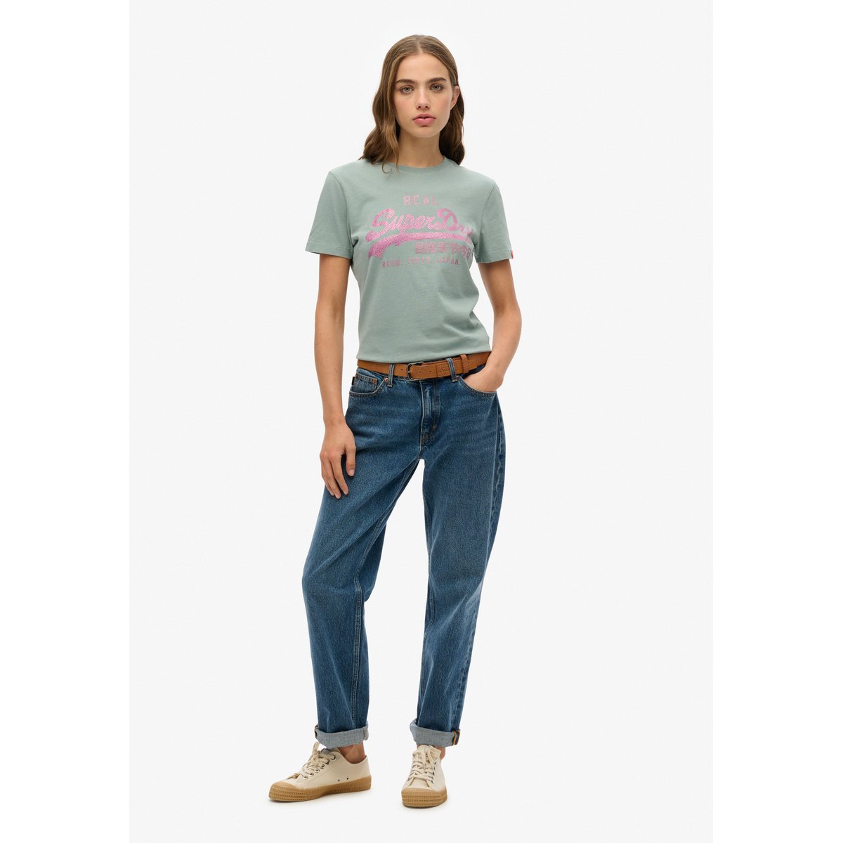T-shirt slim à strass Vintage Logo bleu argent, SUPERDRY