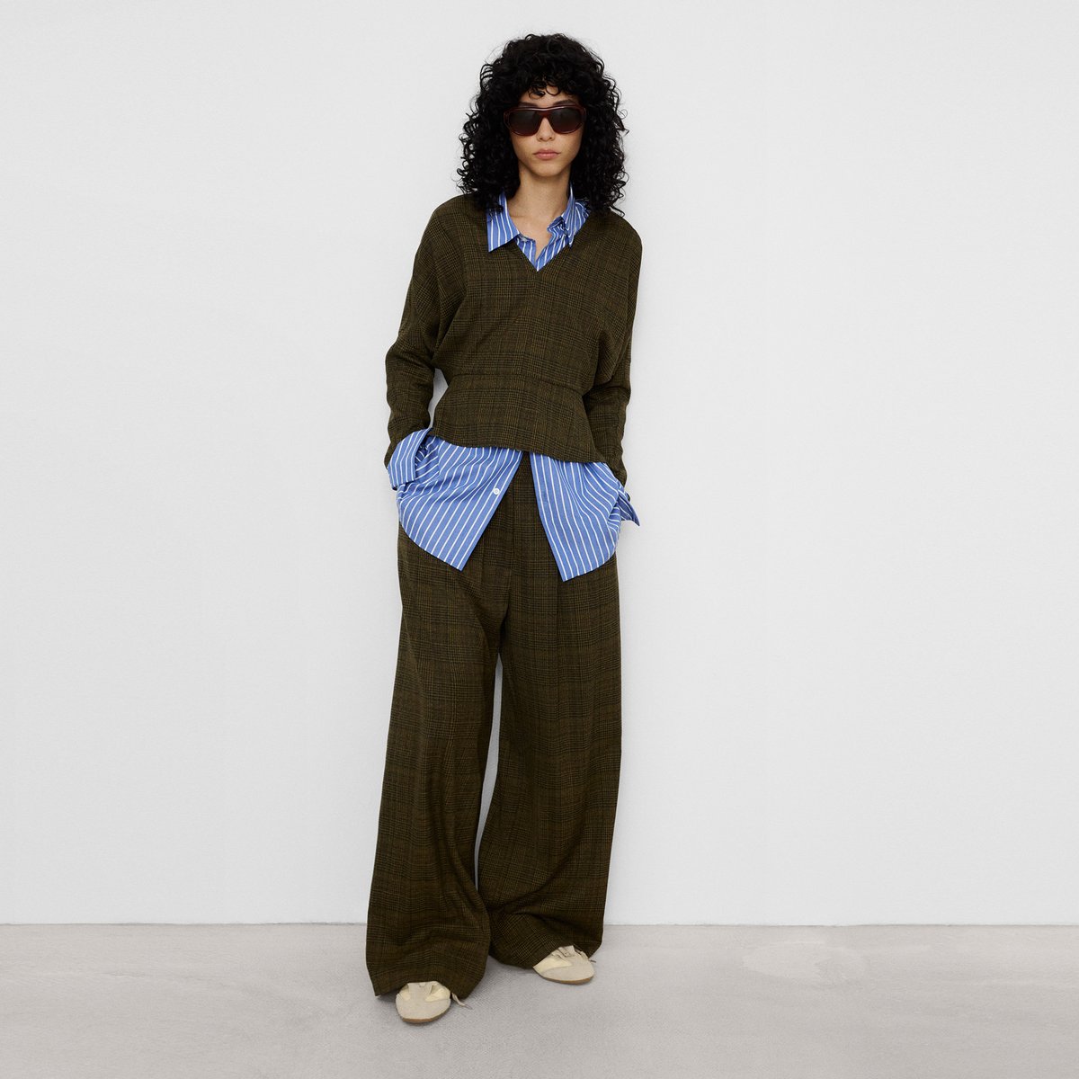 Pantalon à jambes larges à carreaux vert à carreaux, ADOLFO DOMINGUEZ