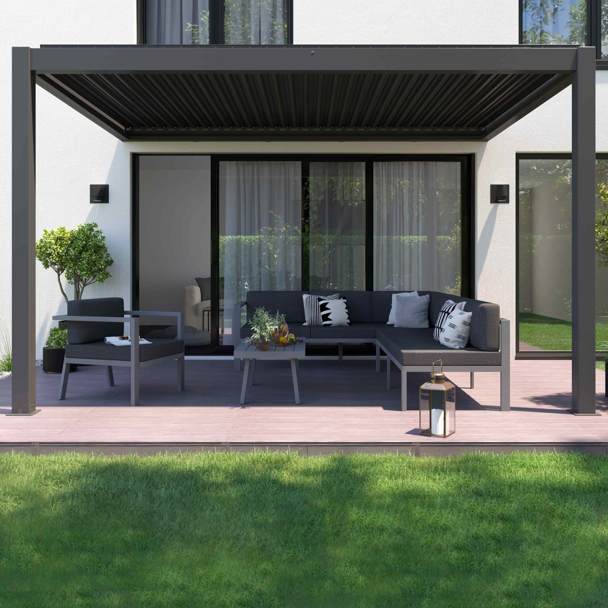 Pergola bioclimatique adossée et motorisée 3 x 4 x 2,5m gris gris, OVIALA