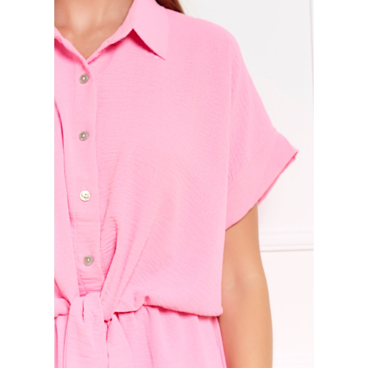 Robe col chemise nouée rose, LOLALIZA