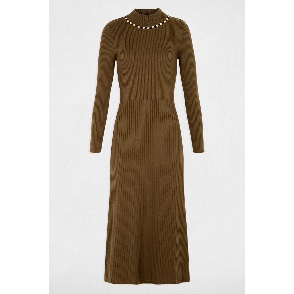 Robe tricot col cheminée vert kaki, MORGAN