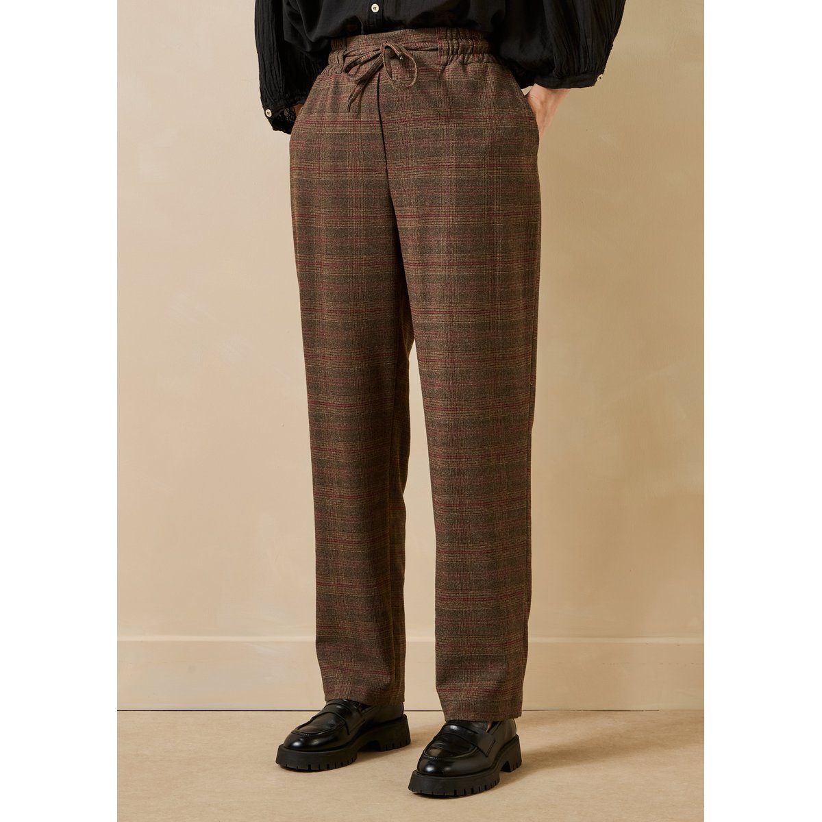 Pantalon carotte à carreaux taille élastique rouille, LA FEE MARABOUTEE