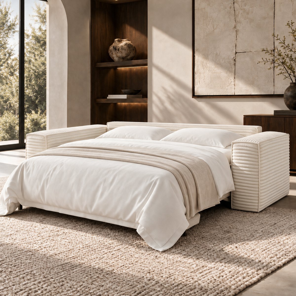 Canapé convertible express 160cm 3 places en velours côtelé JOAN crème, SIA HOME
