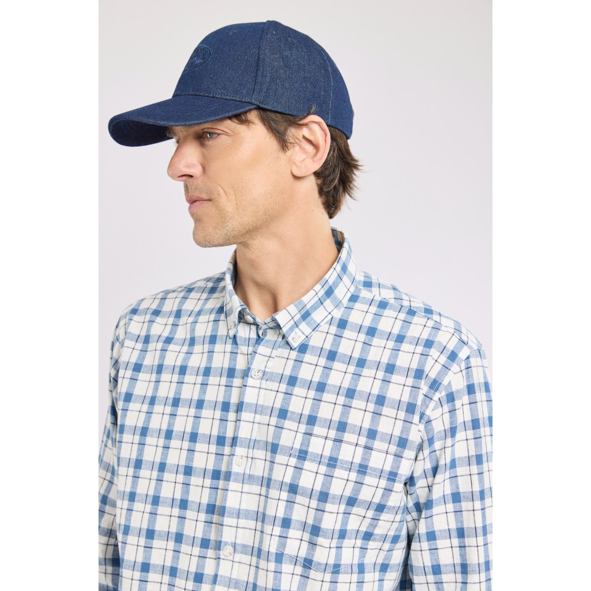 Chemise à carreaux - coton et lin carreaux délavé bleu, ARMOR-LUX