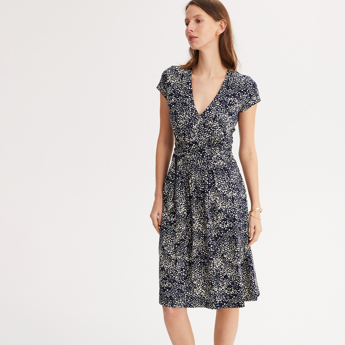 Robe évasée en maille, imprimé graphique mi-longue imprimé bleu marine, ANNE WEYBURN
