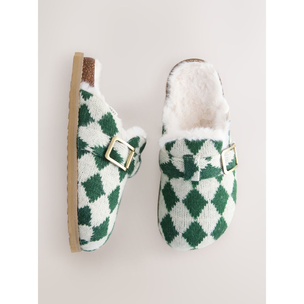 Chaussons à boucle et assise moulée argyle vert, NEXT