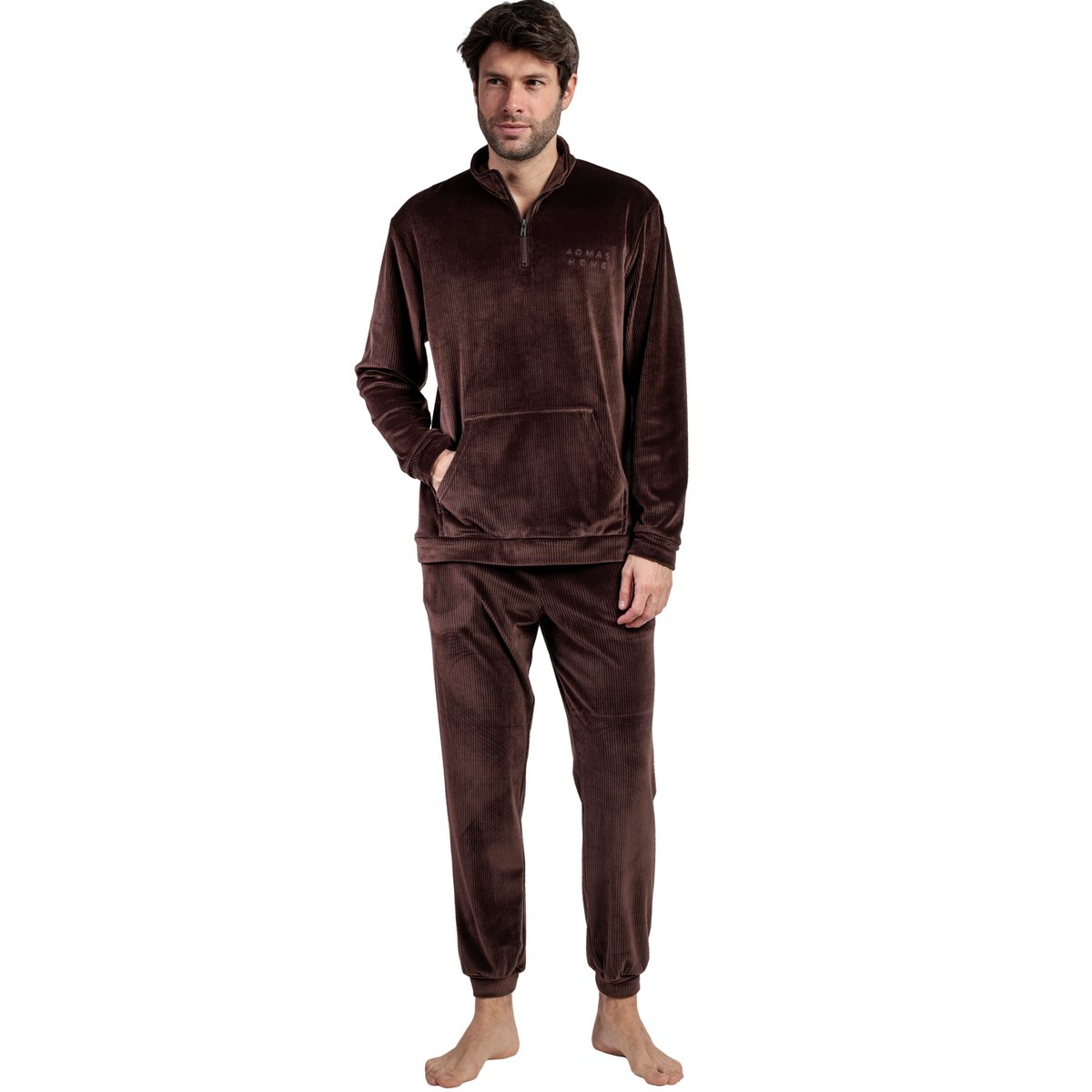 Pyjama pantalon sweat col montant zippé Corduroy marron, ADMAS