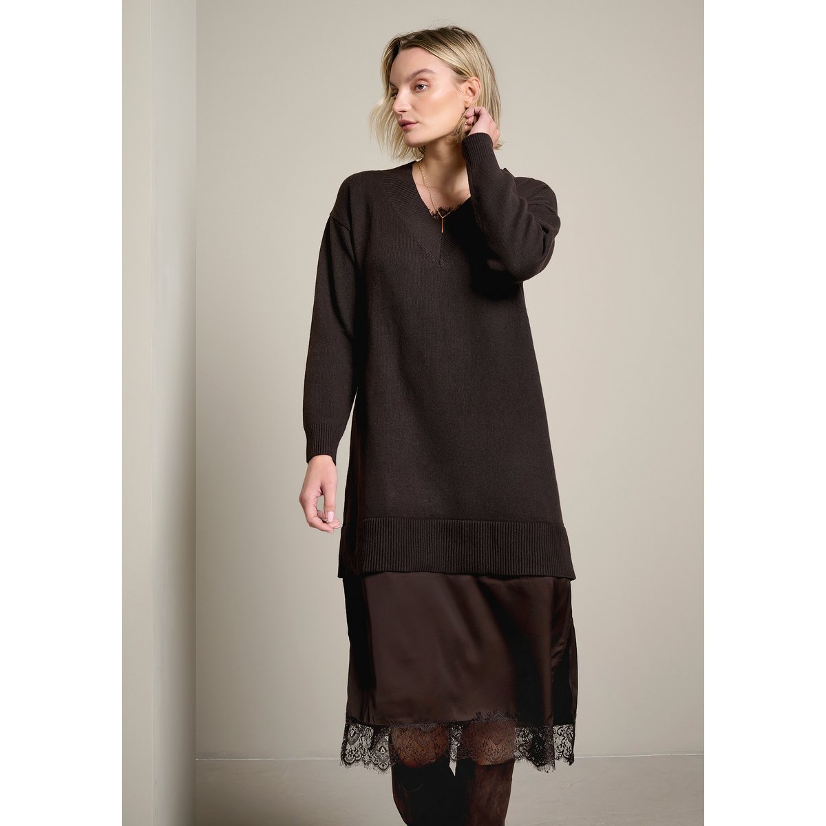 Robe midi bi-matière brun fonce chocolate, LOLALIZA