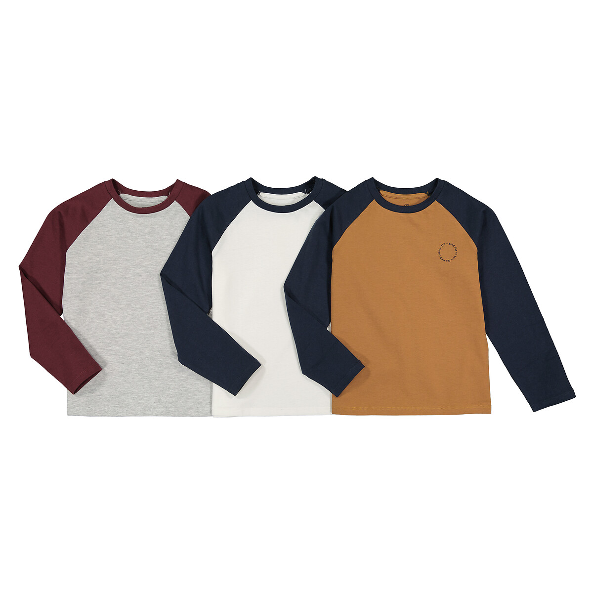 Lot 3 T-shirts manches longues, message poitrine camel + gris chiné + écru, LA REDOUTE COLLECTIONS