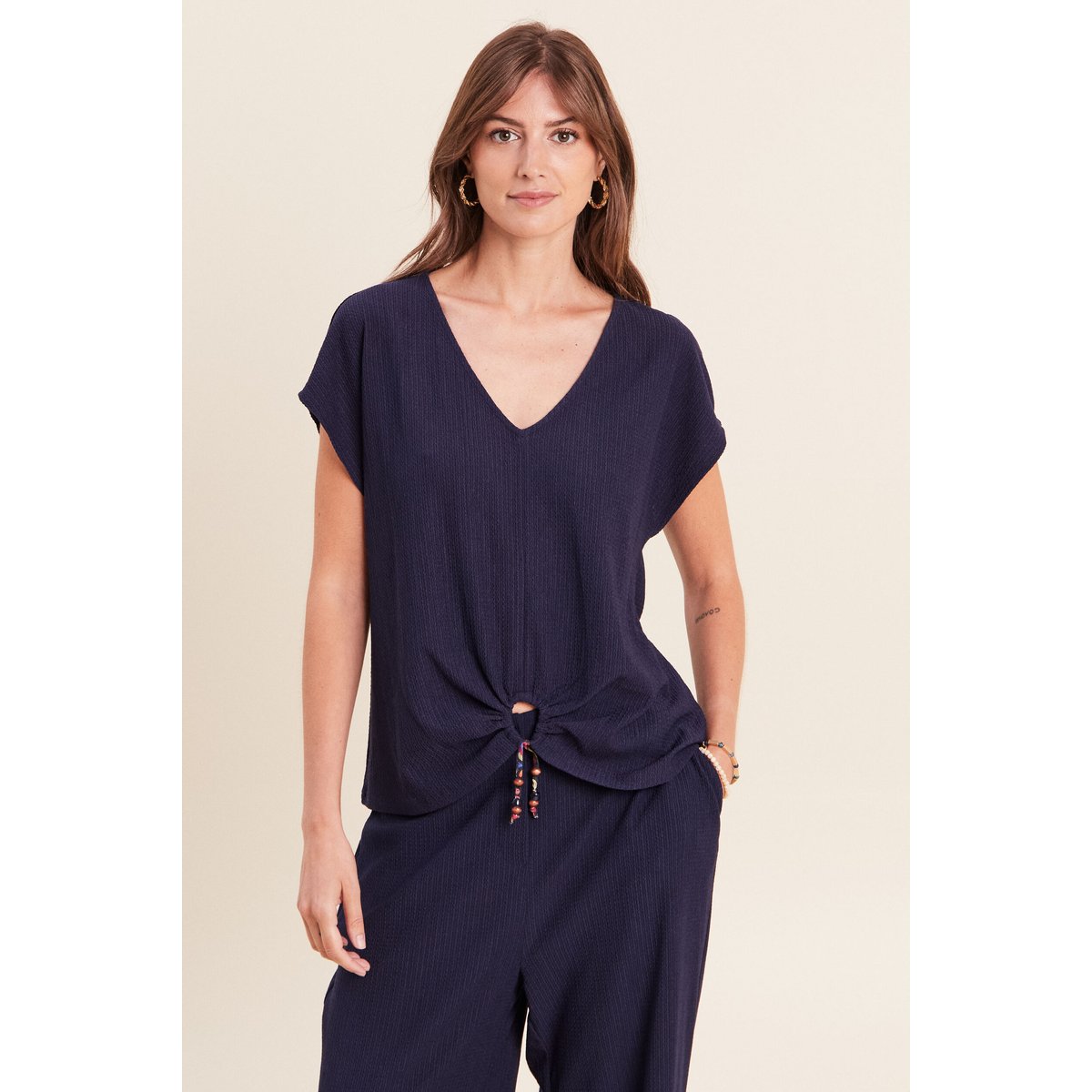T-shirt bas resserré manches courtes bleu marine, BREAL