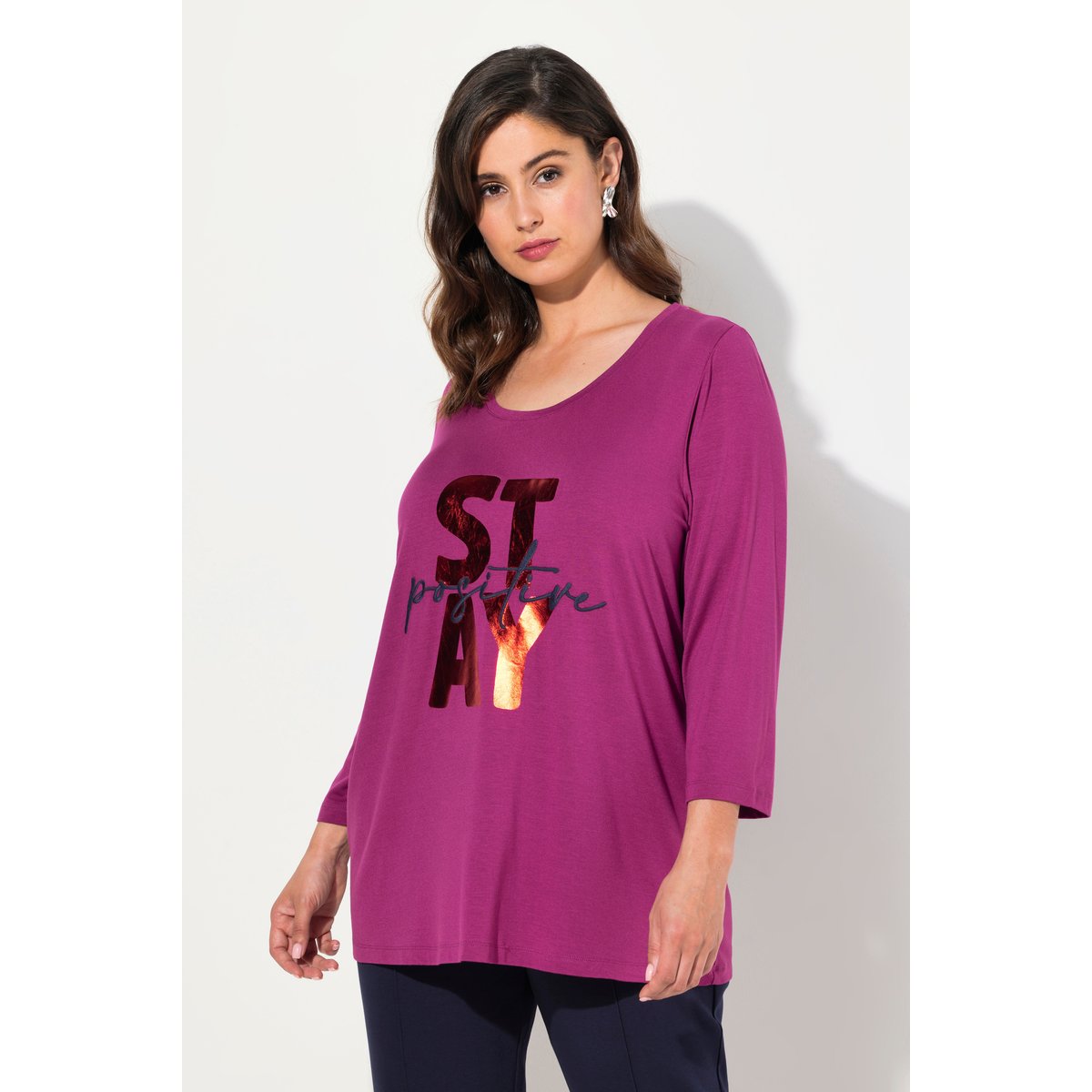 T-shirt col rond et manches 3/4 baie, ULLA POPKEN