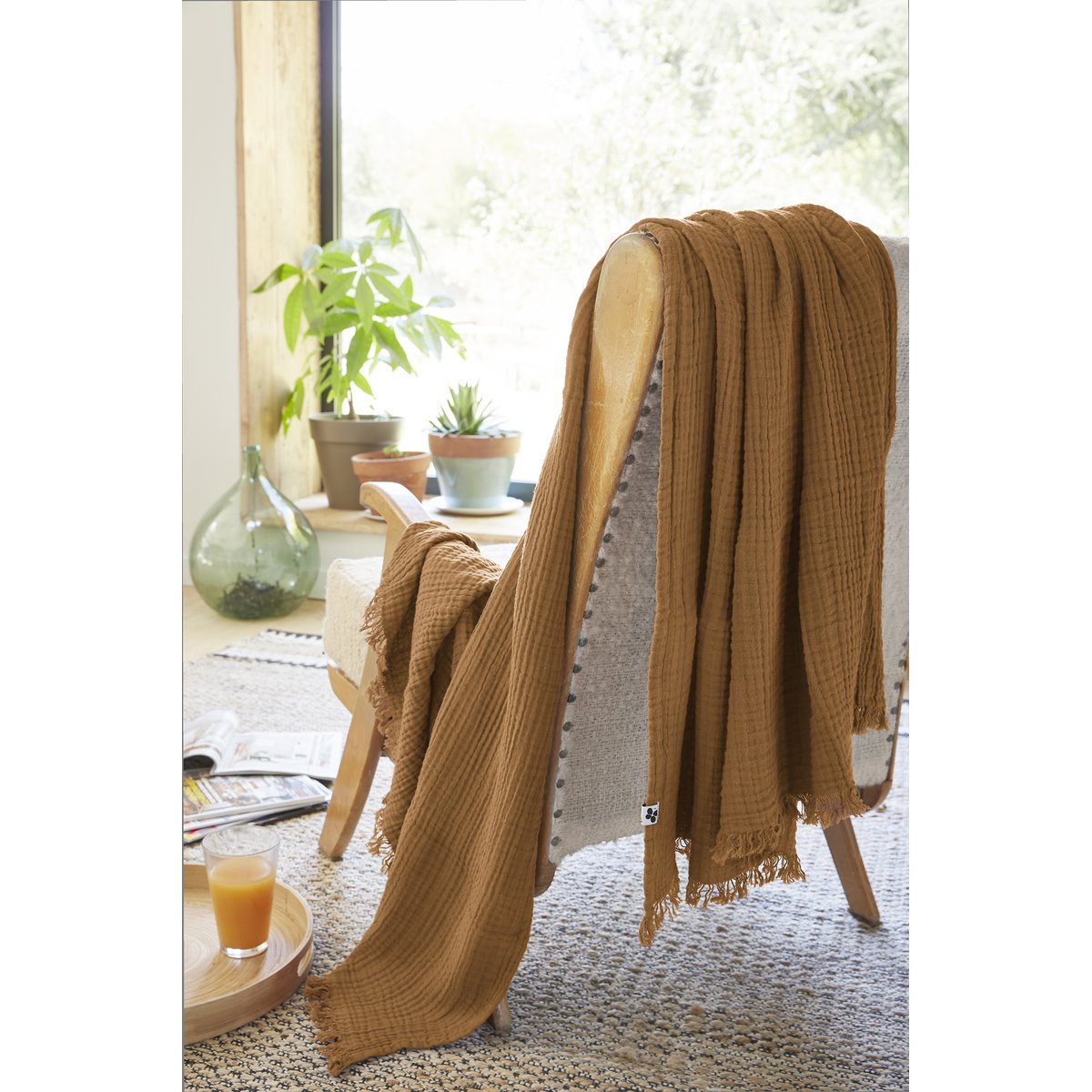 Plaid quadruple gaze de coton 180 x 220 cm Gaia vert d eau camel, EDEN